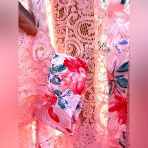 POL Pink Lace Kimono Robe with Floral Trim Intimate Sleepwear